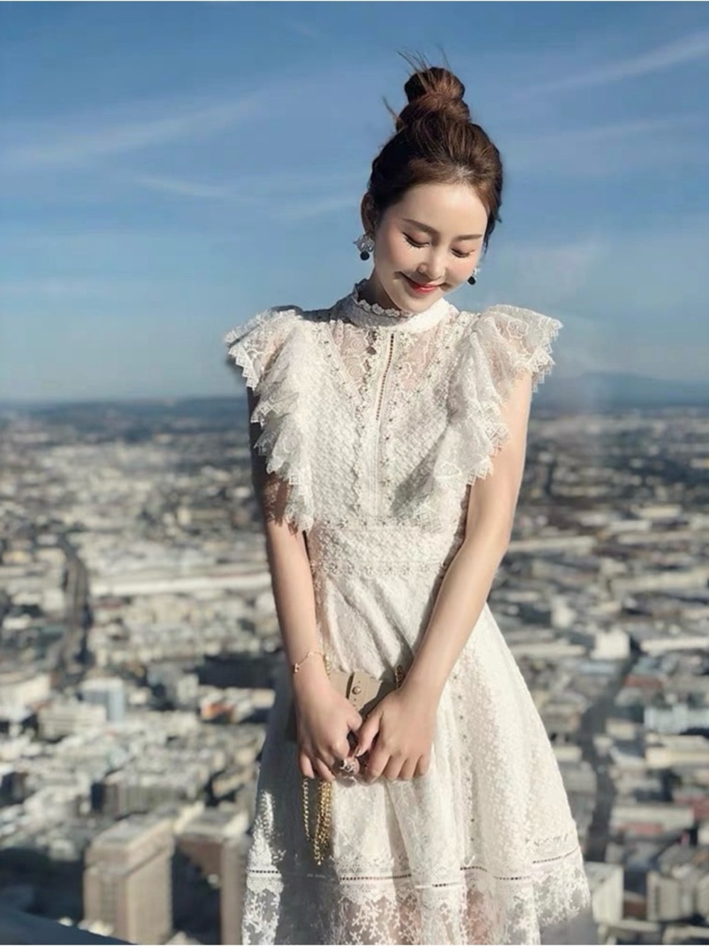 Lace Midi Dress with Ruffle Sleeves in White